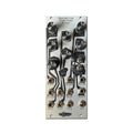 Silver eurorack module with black knobs, toggle switches, and multiple jack sockets labeled with audio-related controls.
