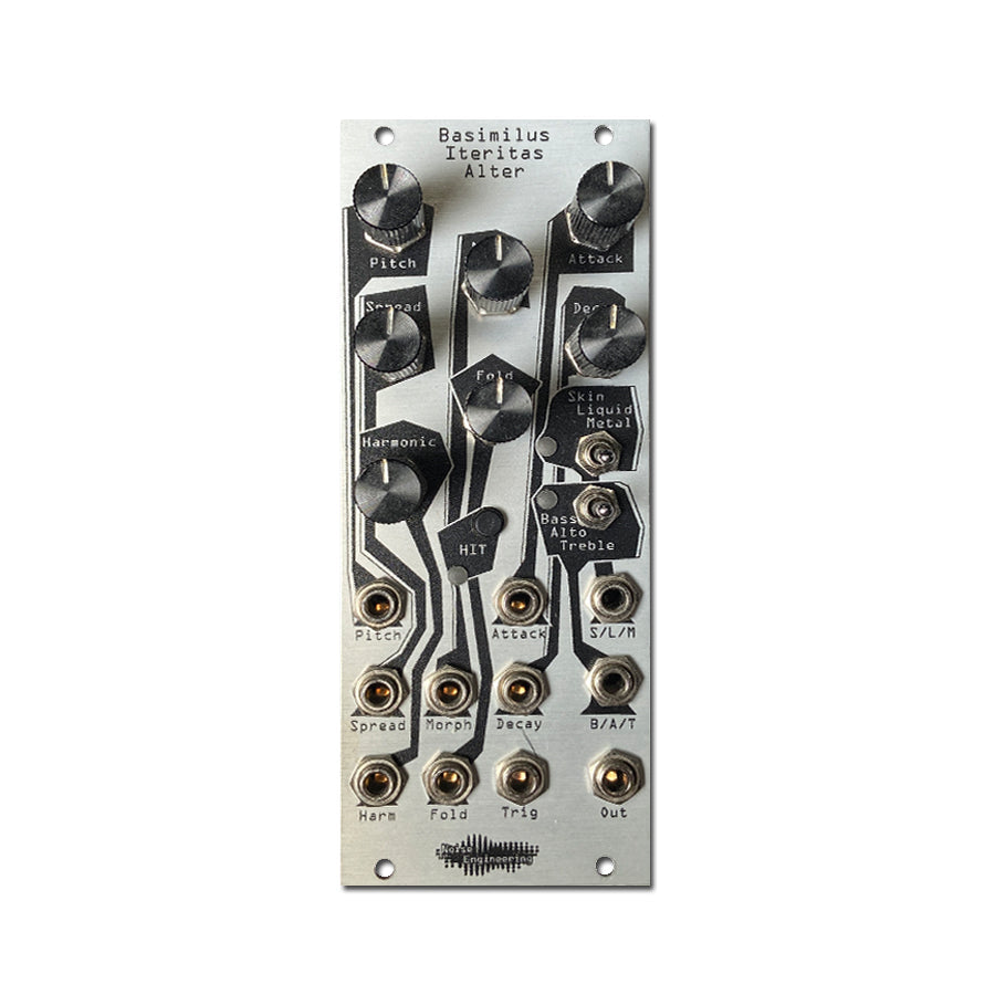 Silver eurorack module with black knobs, toggle switches, and multiple jack sockets labeled with audio-related controls.
