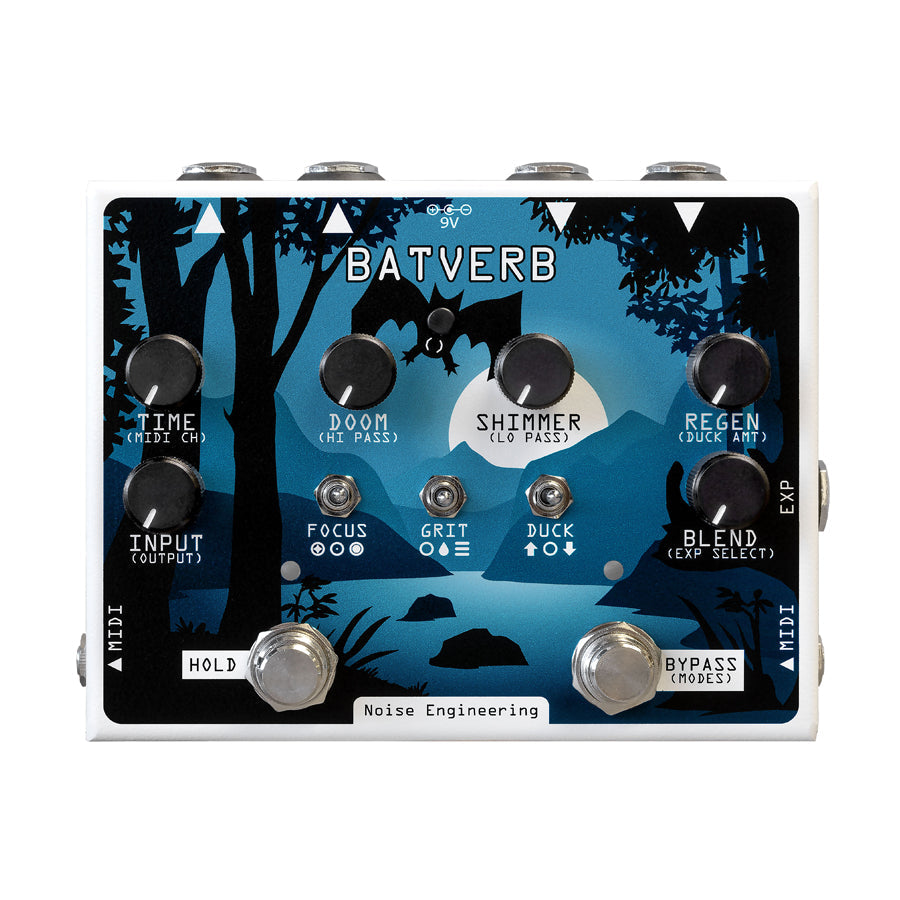 White Noise Engineering Batverb pedal with blue and black forest artwork and multiple control knobs, footswitches, and jacks.