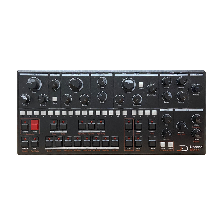 Front panel of a Norand Mono synthesizer with various knobs, buttons, and switches for sound control.