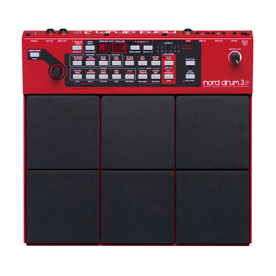 Red Nord drum machine with six black pads and multiple control knobs and buttons on the top panel.
