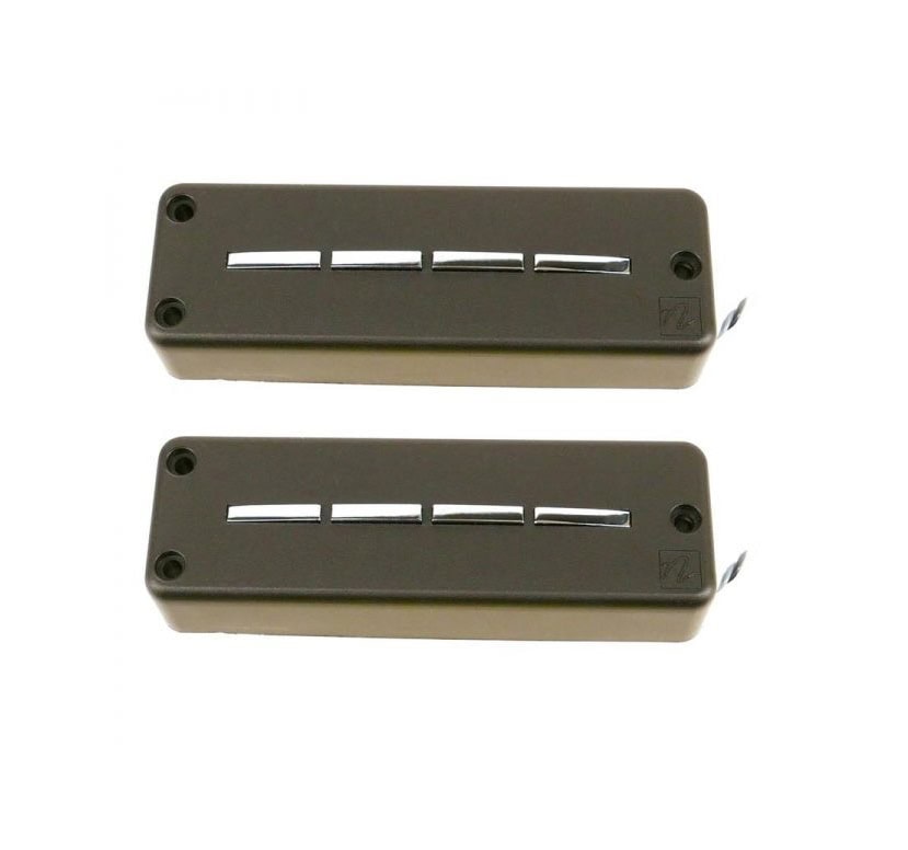 Two black rectangular soapbar style pickups with four silver pole pieces and wire leads on white background.