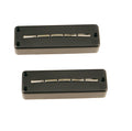 Two black rectangular soapbar pickups with five silver pole pieces each shown on a white background.