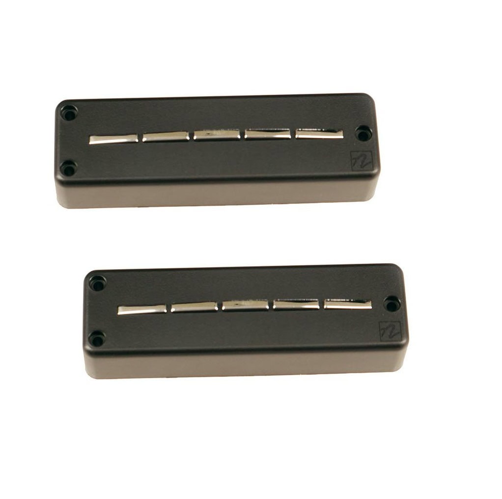 Two black rectangular soapbar pickups with five silver pole pieces each shown on a white background.