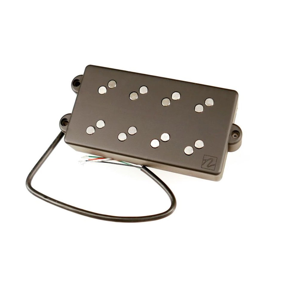 Black rectangular electric guitar or bass pickup with eight pole pieces and attached cable with exposed wires.