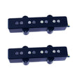 Two black electric bass single coil pickups with metal pole pieces and wired connectors.