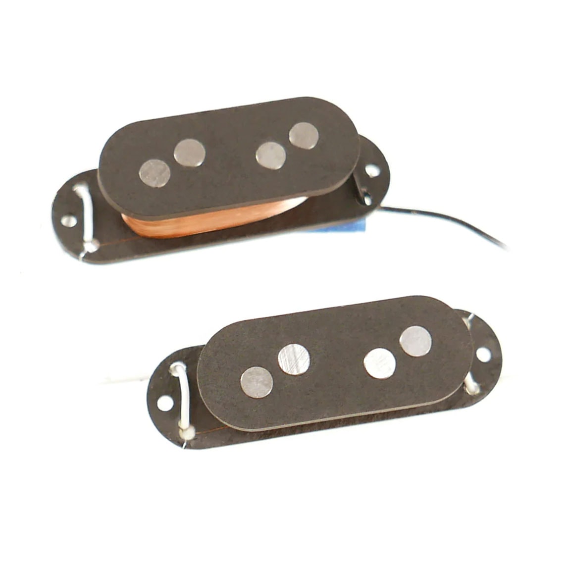 Two black vintage-style guitar pickups with copper wire and wires extending from them.