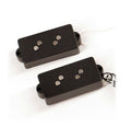 Two black rectangular guitar pickups with four round metal pole pieces each and attached wires on a white background.