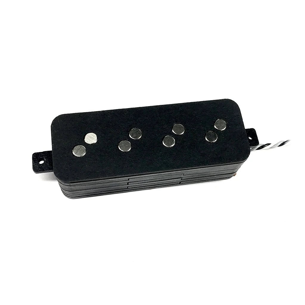 Black rectangular guitar pickup with six metal pole pieces and a twisted two conductor wire.