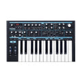 Black and white analog synthesizer keyboard with control knobs, buttons, sliders, and pitch/mod wheels.