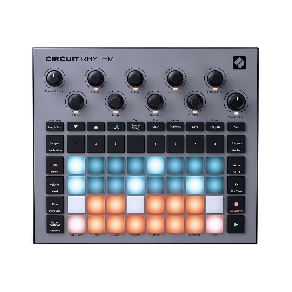 Top view of a Novation Circuit Rhythm music production controller with pads, knobs, and buttons.