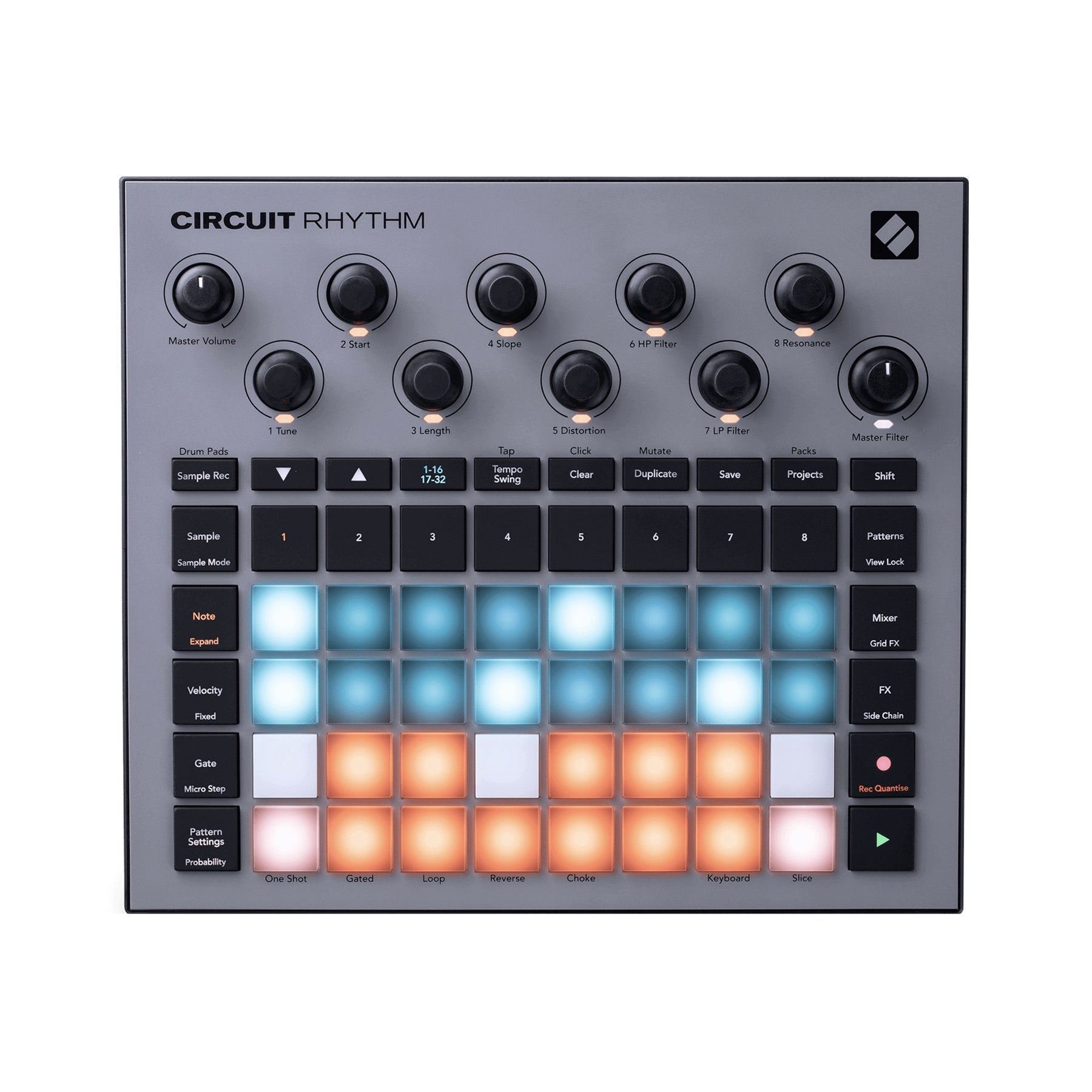 Top view of a Novation Circuit Rhythm music production controller with pads, knobs, and buttons.