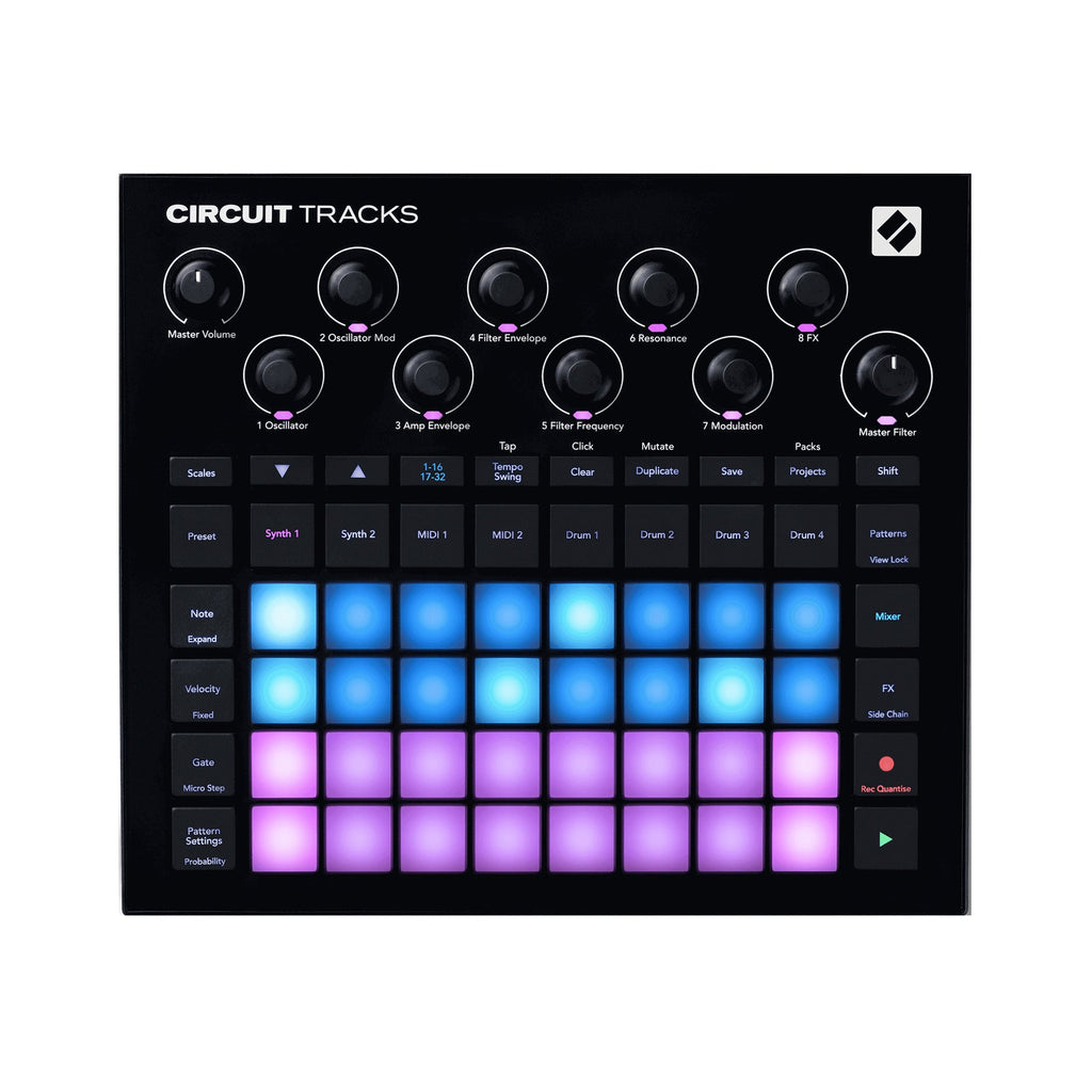 Top view of a black music production controller with knobs, buttons, and multicolored illuminated pads.
