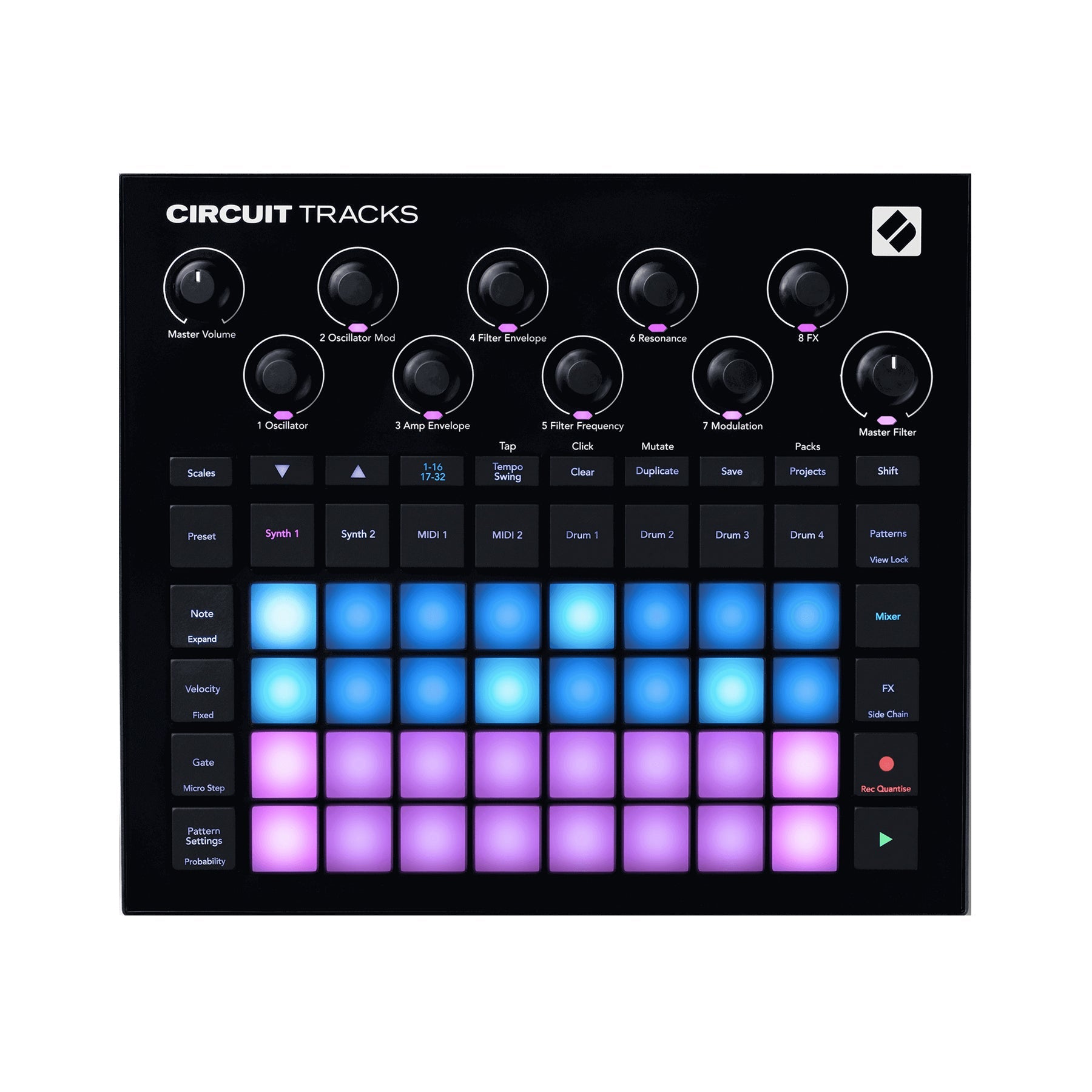 Top view of a black music production controller with knobs, buttons, and multicolored illuminated pads.