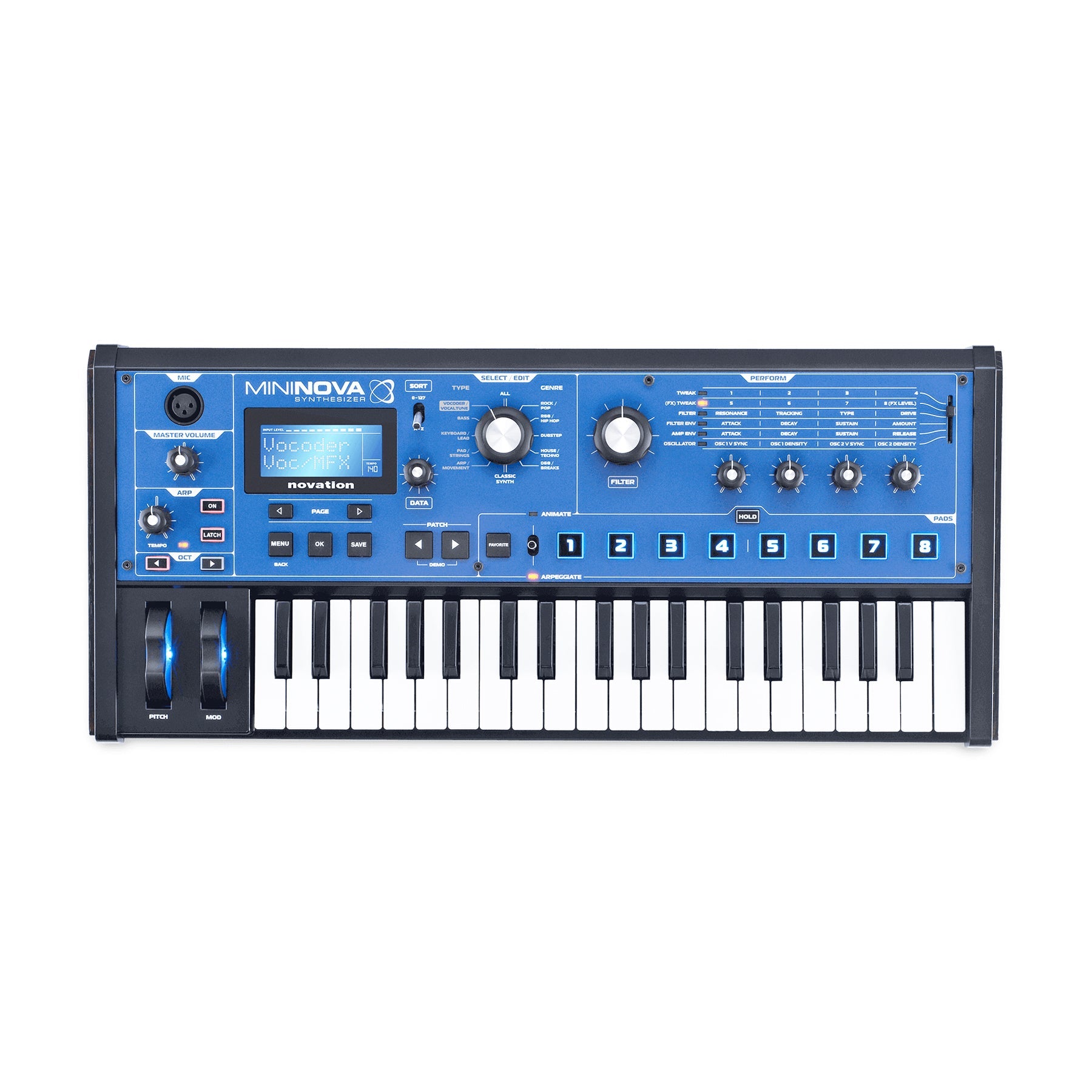 Blue and black synthesizer keyboard with display, knobs, buttons, and eight pads on white background.