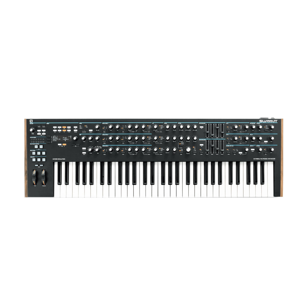 Black synthesizer keyboard with knobs, buttons, sliders, and wood side panels laid flat on white background.