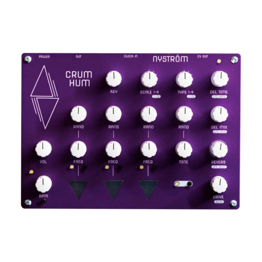 Purple Nystrom Crum Hum synthesizer module with white knobs, switches, and jacks visible on its front panel.