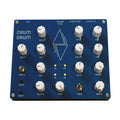 Blue electronic drum machine with white knobs, toggle switch, and labeled controls showed from top view.
