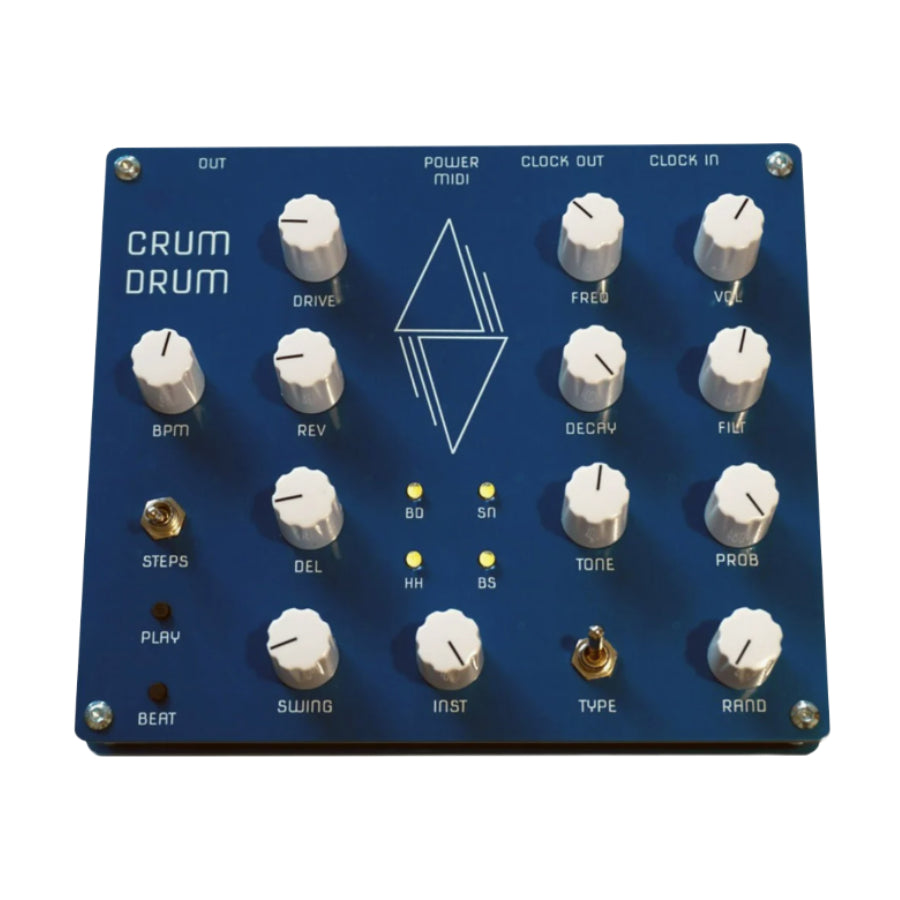 Blue electronic drum machine with white knobs, toggle switch, and labeled controls showed from top view.