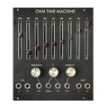 Black Eurorack module with 8 vertical sliders, 3 rotary knobs, and 6 audio jacks labeled for control and audio input/output.