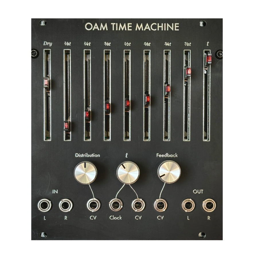 Black Eurorack module with 8 vertical sliders, 3 rotary knobs, and 6 audio jacks labeled for control and audio input/output.