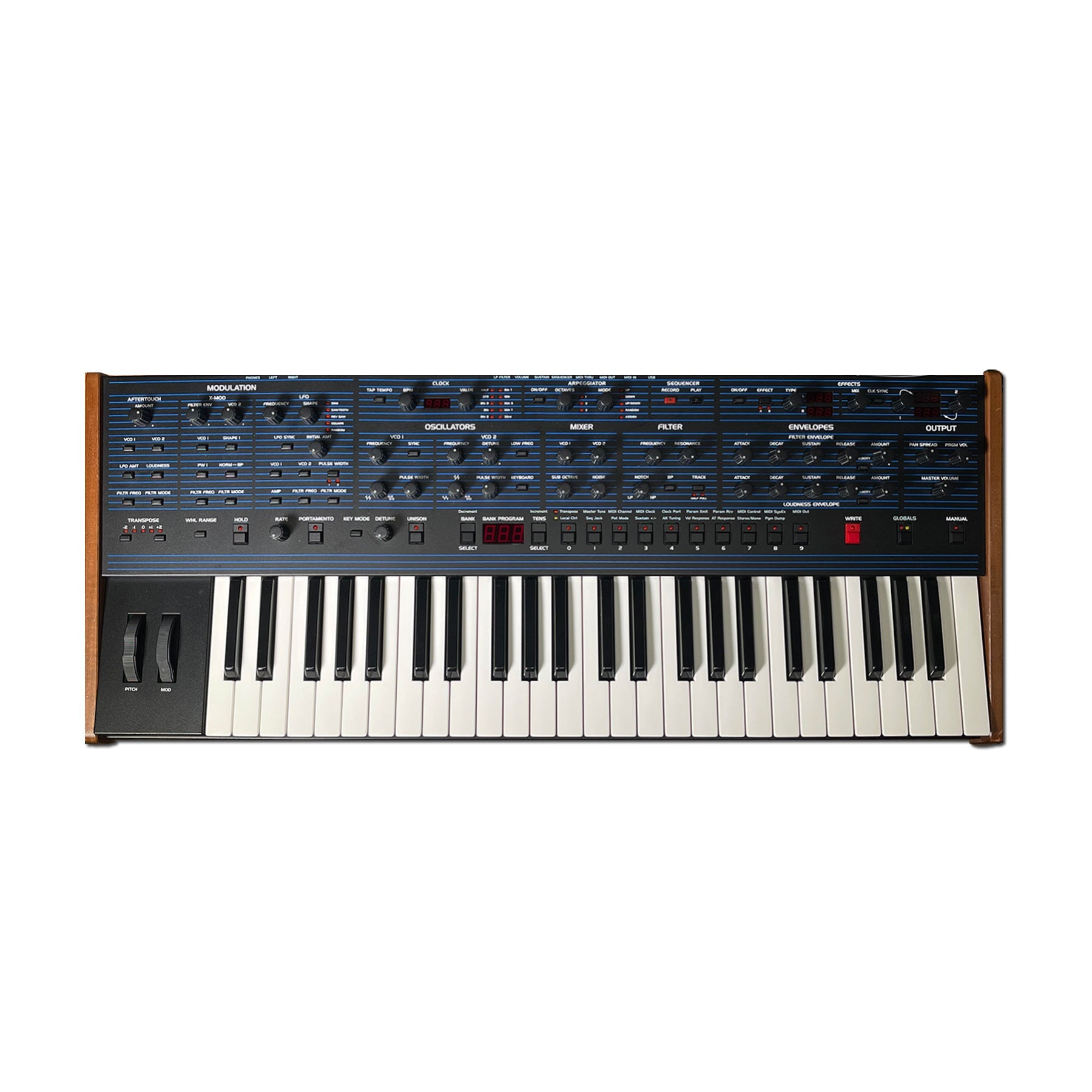 Top view of a black and wooden synthesizer keyboard with multiple knobs, buttons, sliders, and pitch/mod wheels.