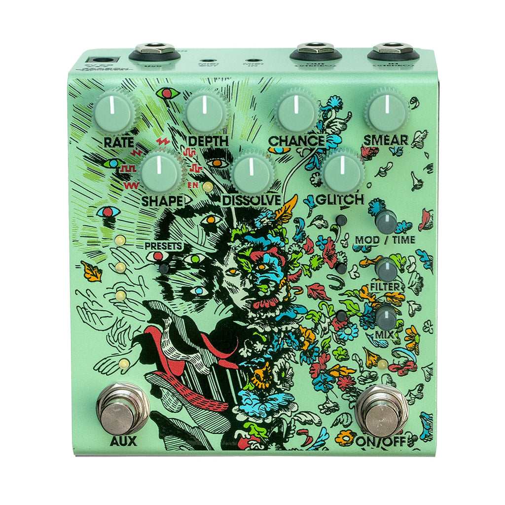 Green guitar effects pedal with multiple knobs and two footswitches labeled AUX and ON/OFF.
