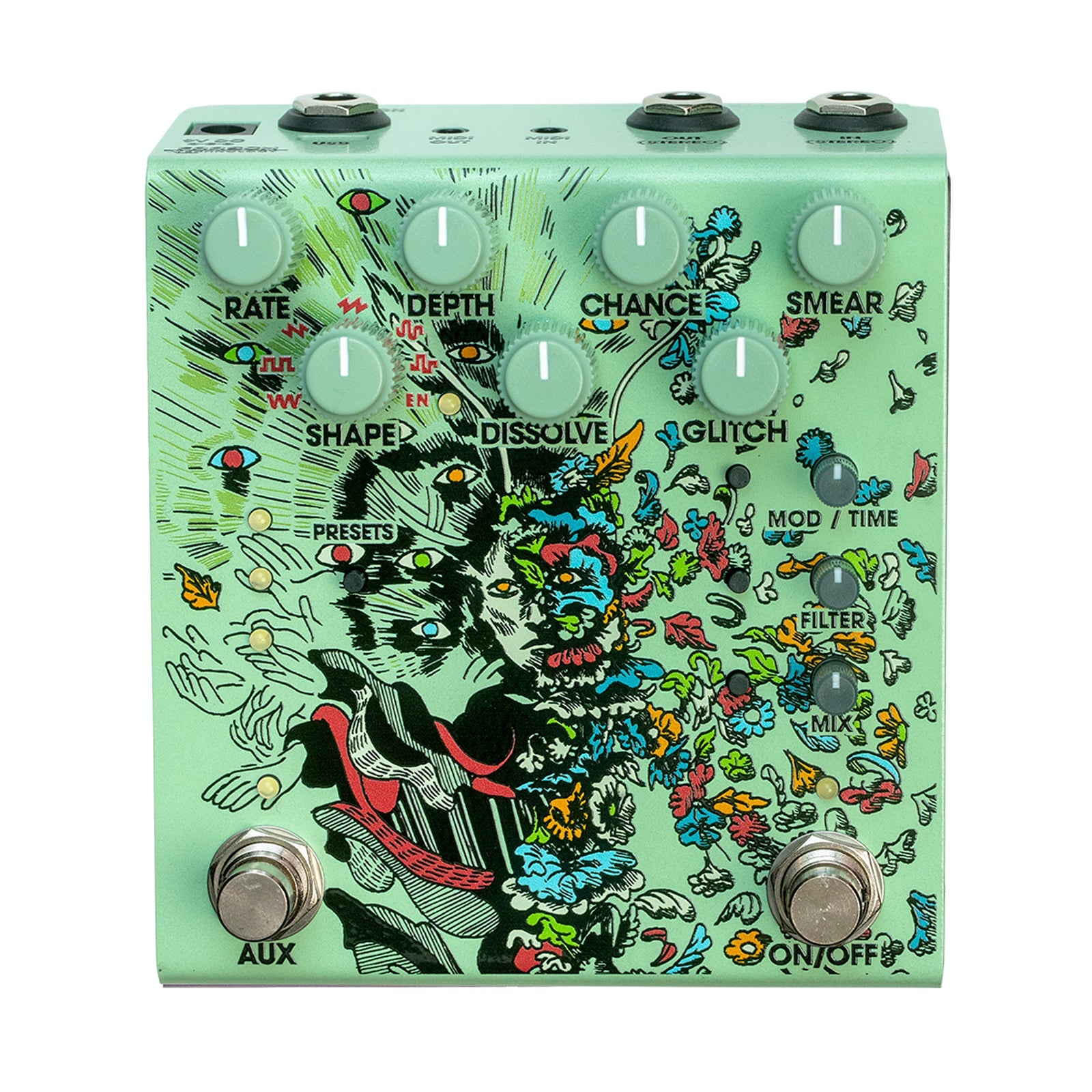 Green guitar effects pedal with multiple knobs and two footswitches labeled AUX and ON/OFF.