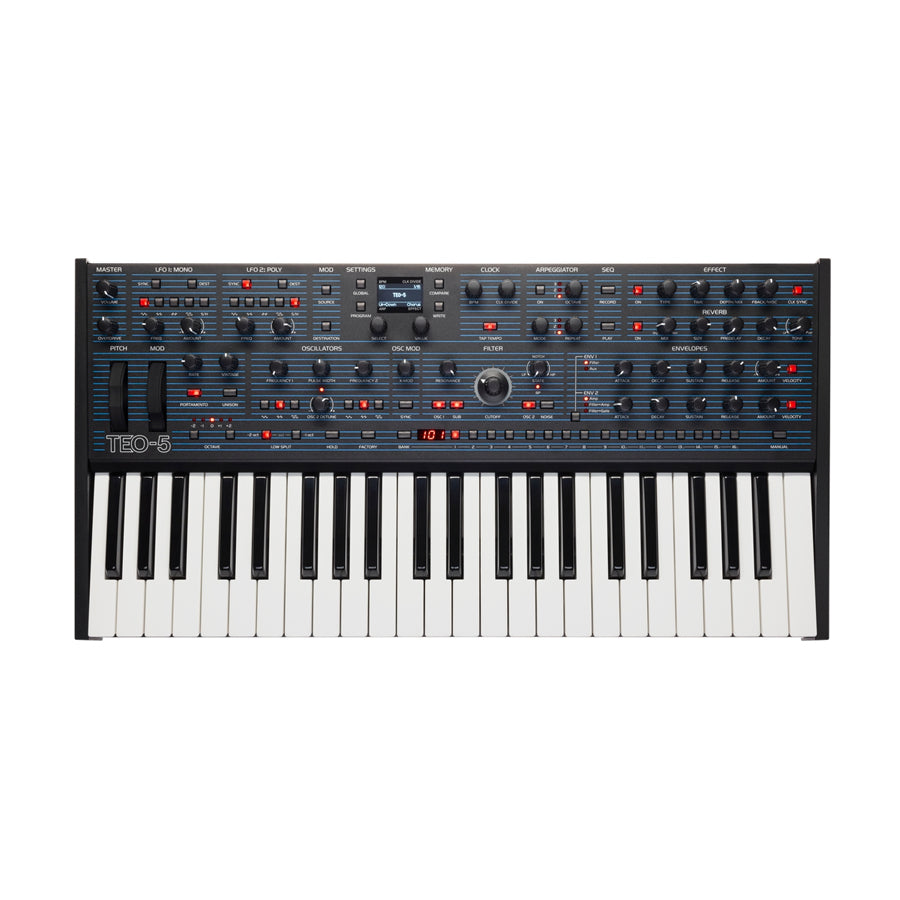 Black keyboard synthesizer with multiple knobs, switches, buttons, and an illuminated digital display showing 101.