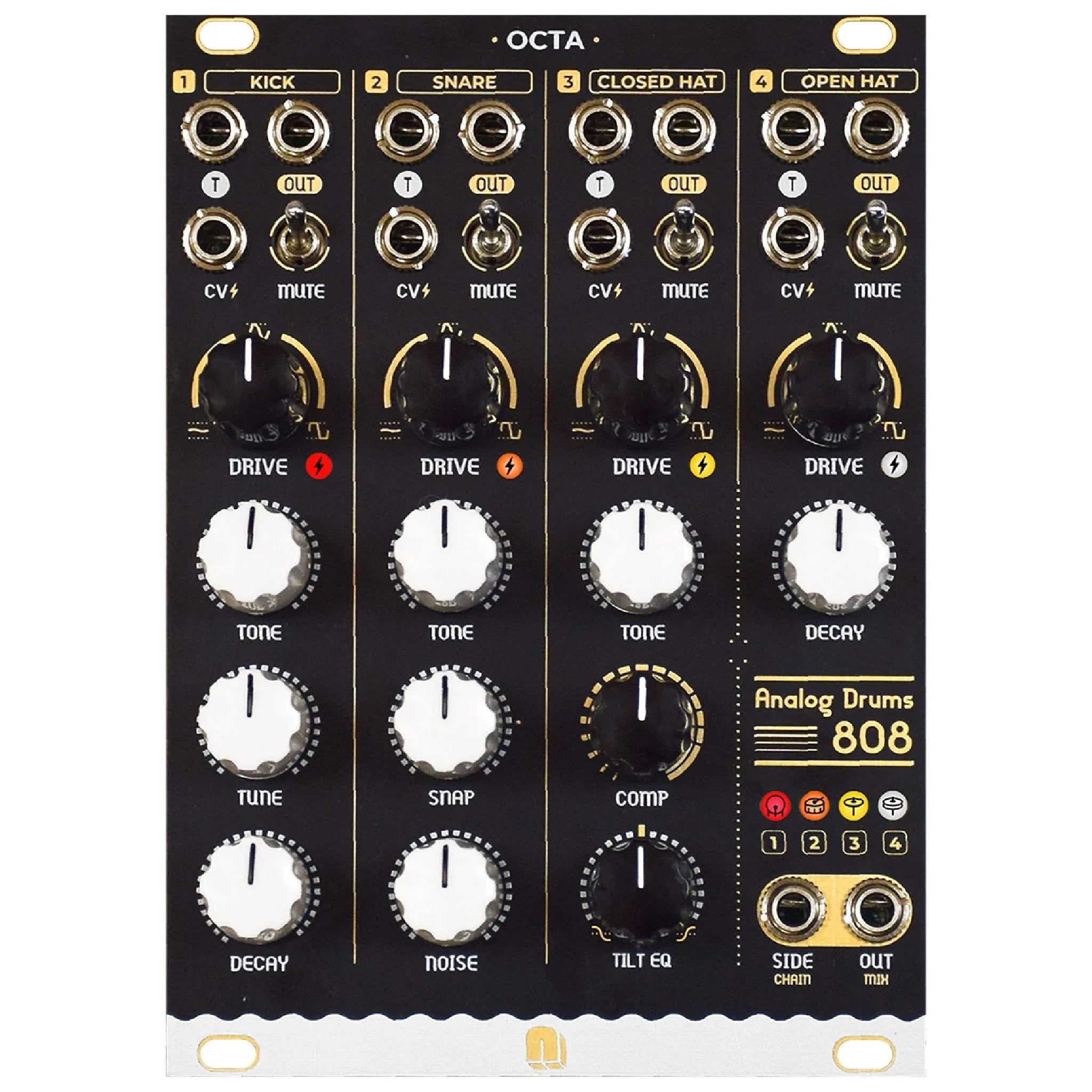 Black and gold analog drum synth module with knobs, toggle switches, and multiple audio jacks labeled OCTA.