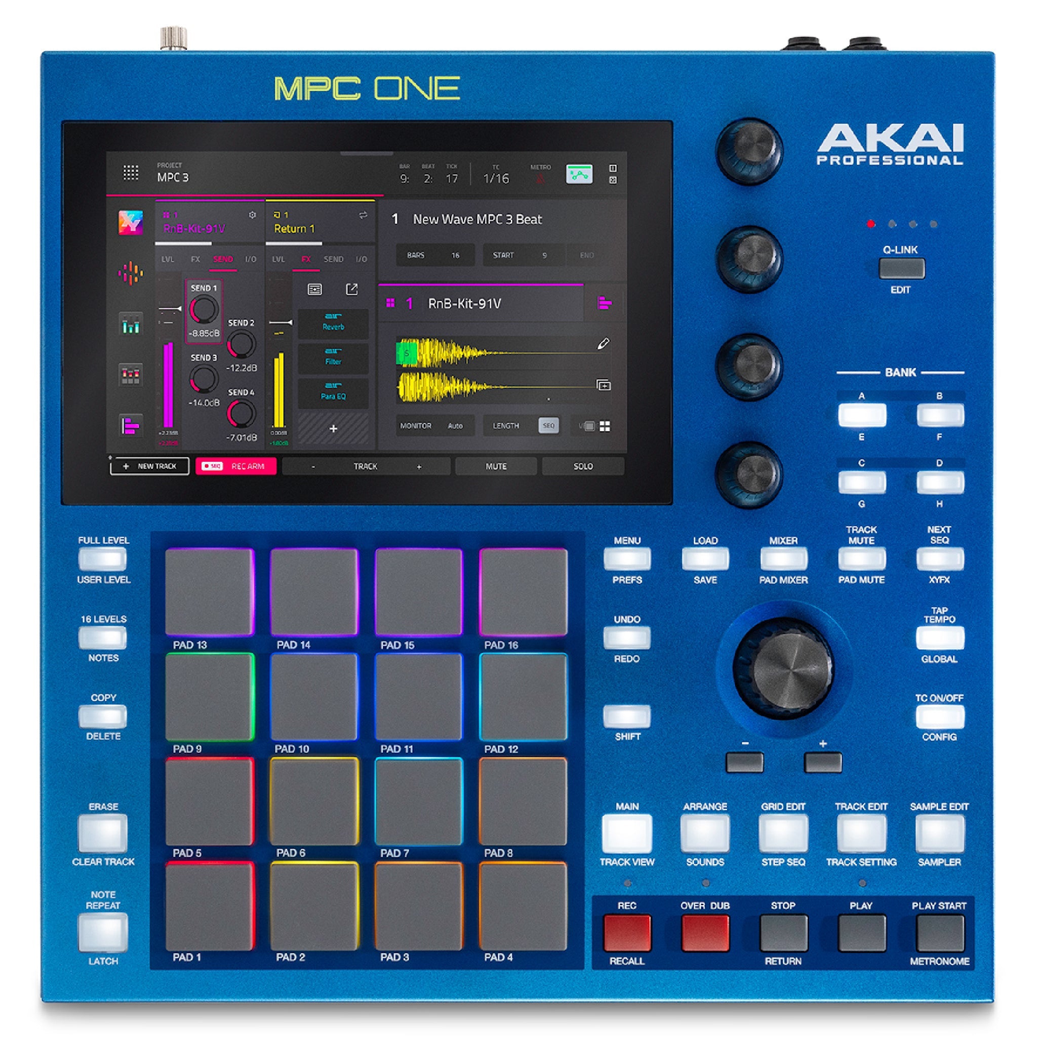 Blue music production device with touchscreen, pads, knobs, and many buttons including labeled controls and a waveform display on screen.