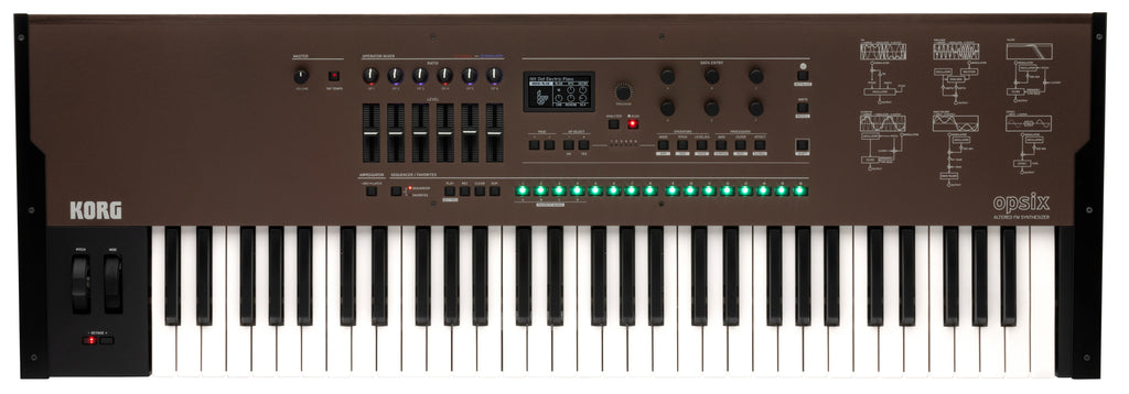 Top view of a Korg opsix altered FM synthesizer with 37 keys, sliders, knobs, buttons, and a digital display screen.