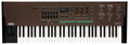 Top view of a Korg opsix altered FM synthesizer with 37 keys, sliders, knobs, buttons, and a digital display screen.