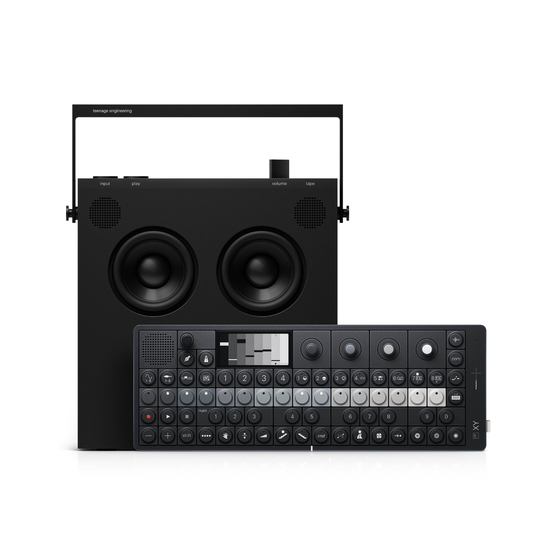 Black synthesizer device with buttons and screen in front of a black speaker unit with handle and speakers.