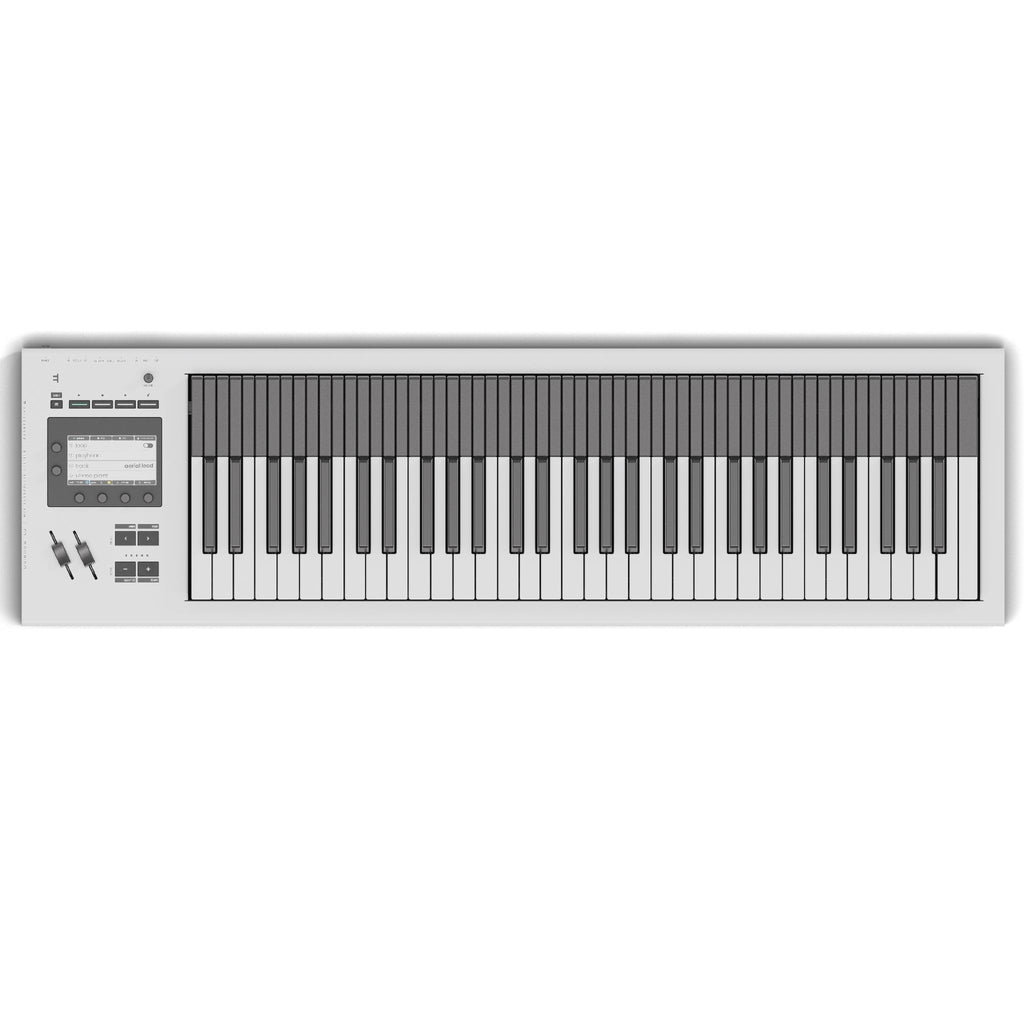 White MIDI keyboard controller with 61 keys, display screen, buttons, knobs, and sliders on the left side.