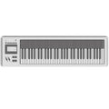 White MIDI keyboard controller with 61 keys, display screen, buttons, knobs, and sliders on the left side.