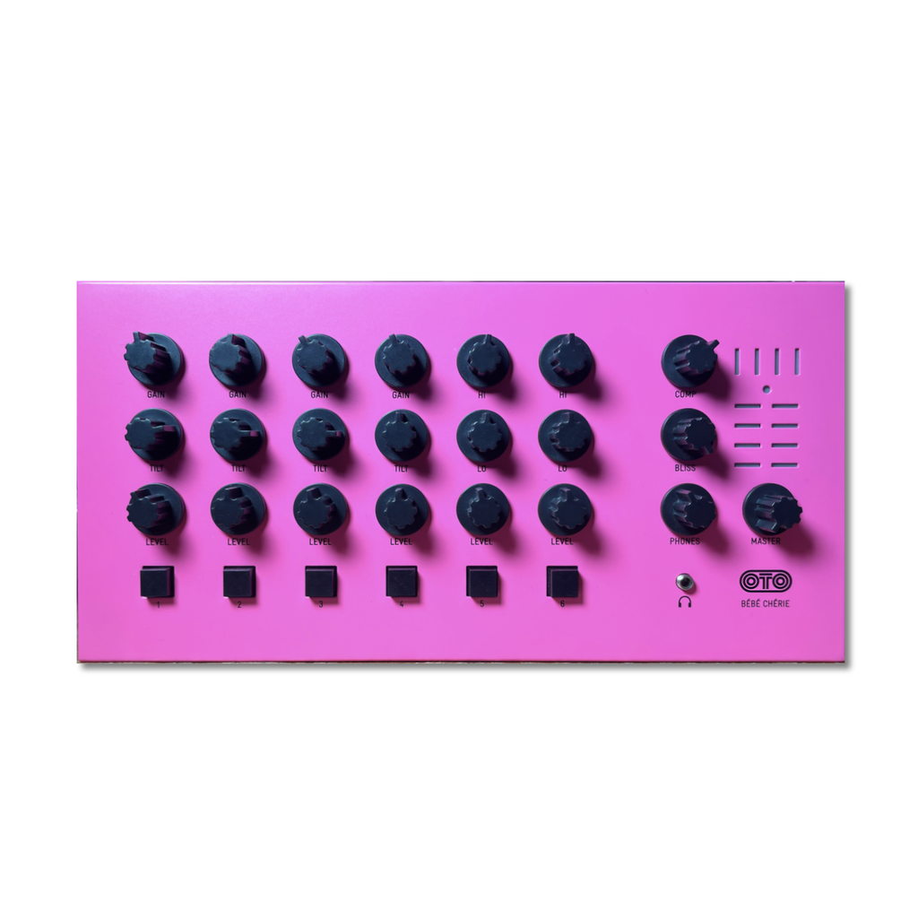 Pink audio mixer with six channels, multiple knobs, buttons, headphone jack, and OTO Bébé Chérie branding.