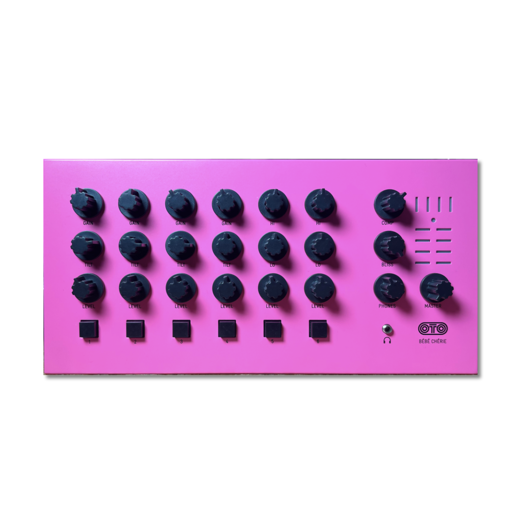 Pink audio mixer with six channels, multiple knobs, buttons, headphone jack, and OTO Bébé Chérie branding.