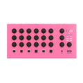Pink audio mixer with six channels featuring black knobs, push buttons, and a headphone jack.