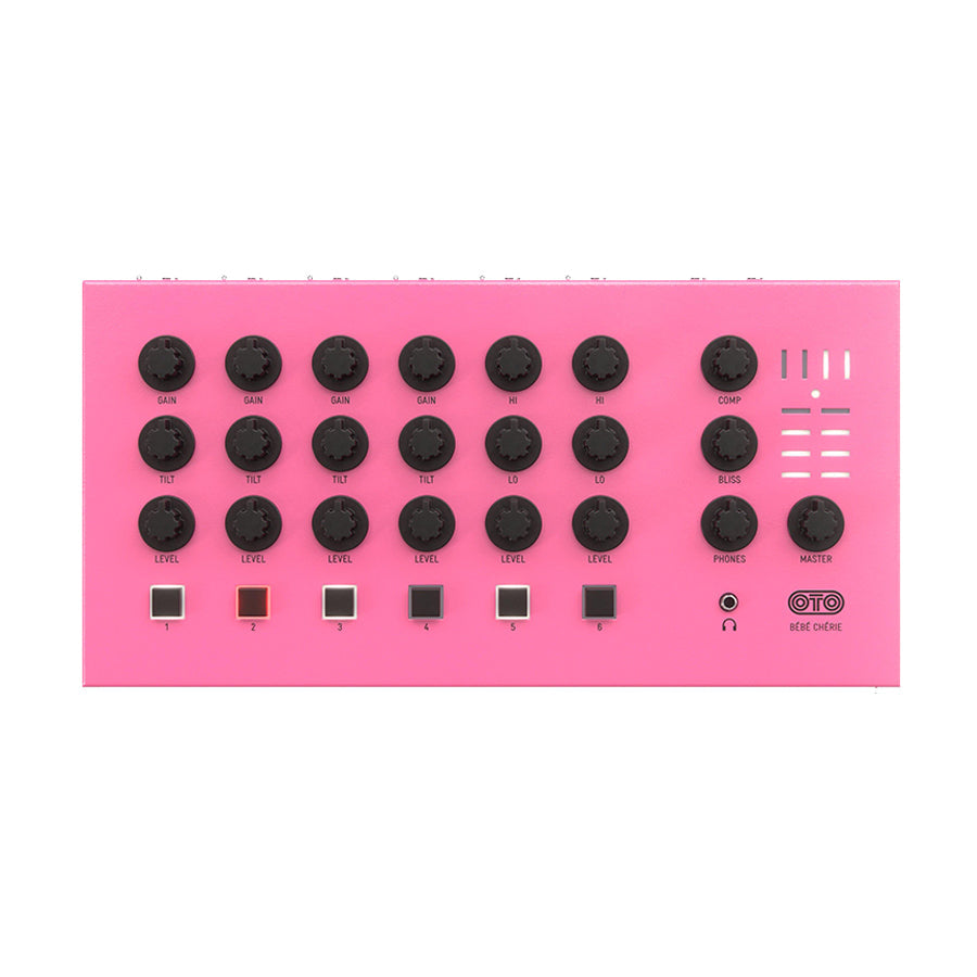 Pink audio mixer with six channels featuring black knobs, push buttons, and a headphone jack.
