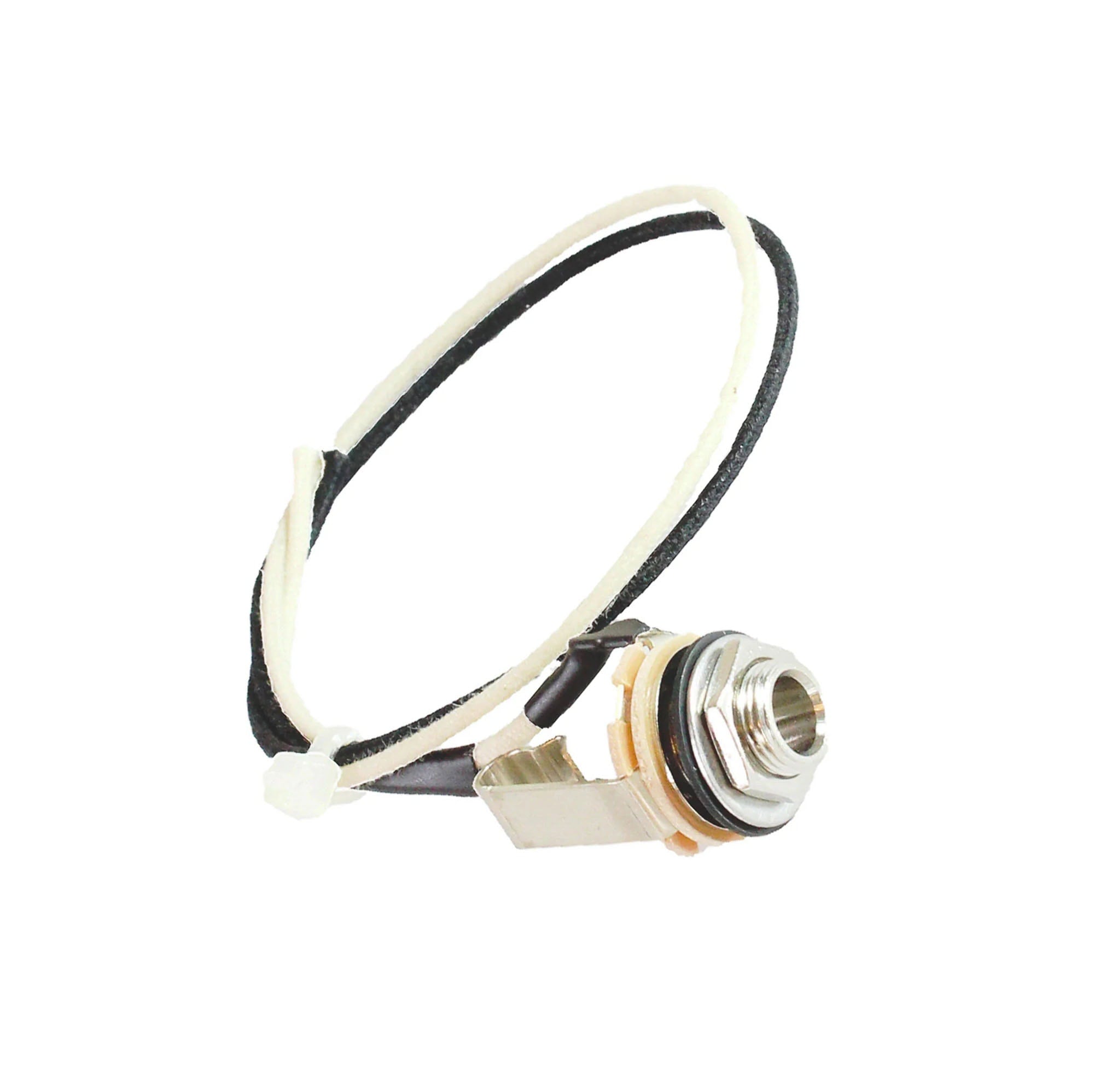 Metal output jack connector attached to black and white wires with a zip tie on white background.