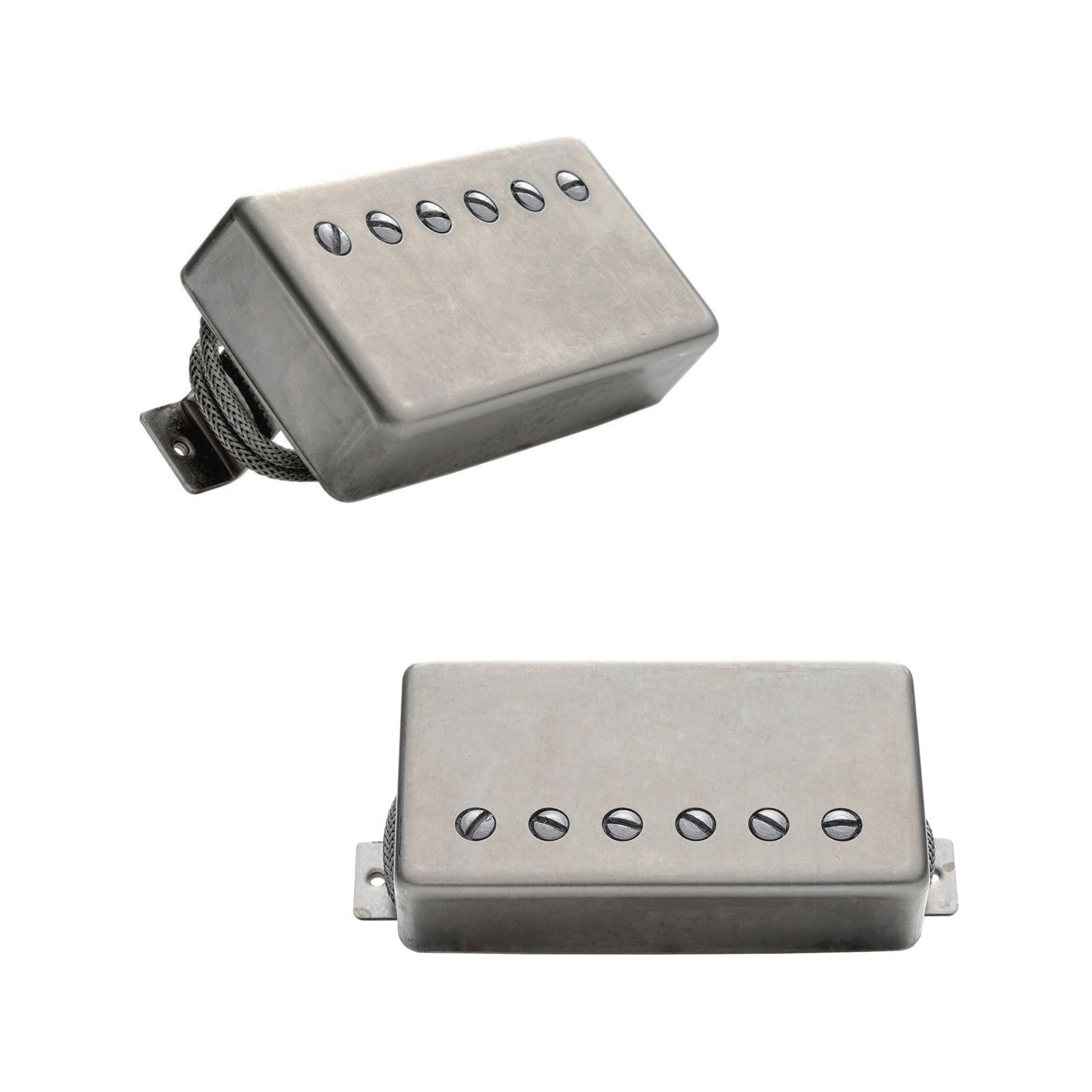 Two silver metal humbucker pickups with braided wire leads shown from two angles on a white background.