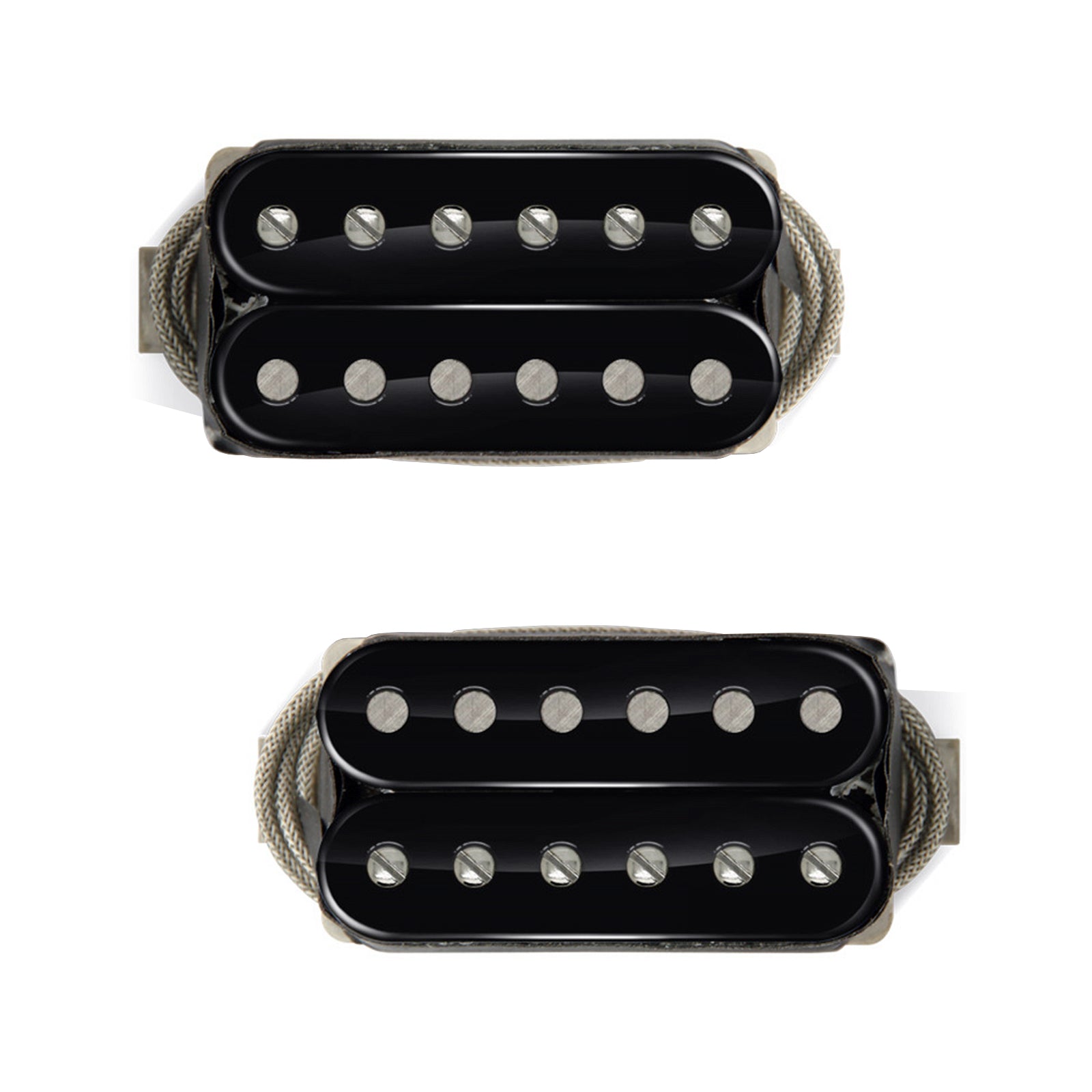 Two black humbucker pickups with six pole pieces each and fabric-sleeved wires attached.