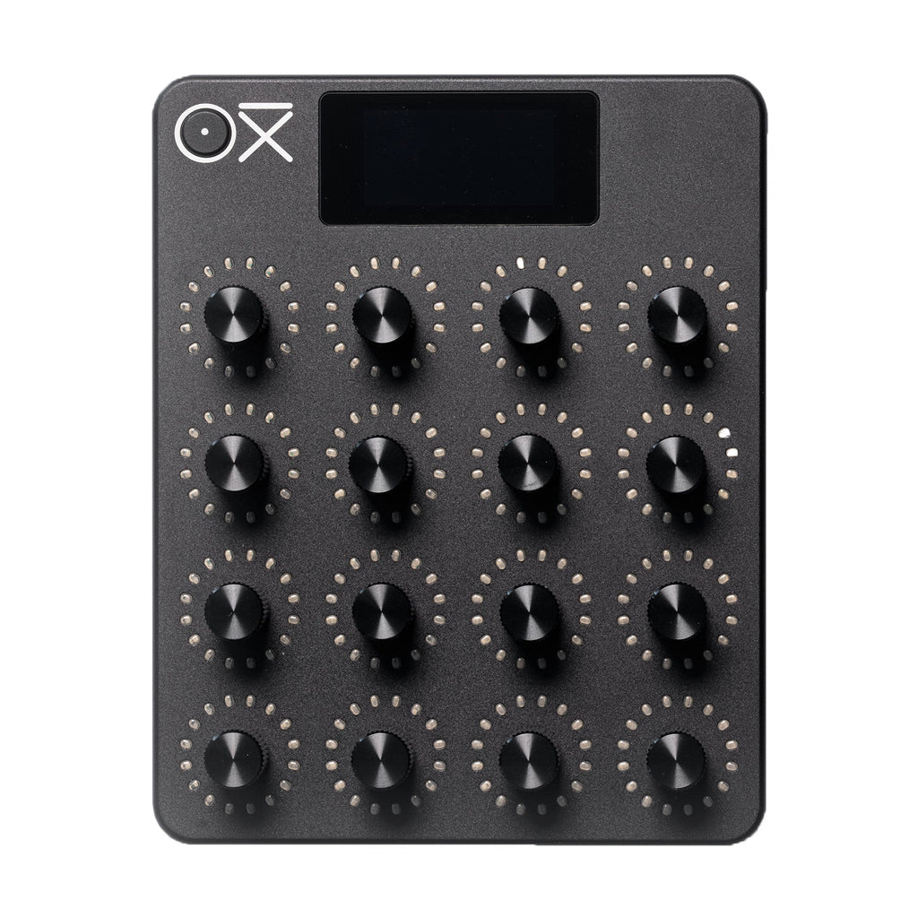 Black control device with 16 rotary knobs arranged in a 4x4 grid and a small display screen.