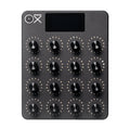 Black control device with 16 rotary knobs arranged in a 4x4 grid and a small display screen.