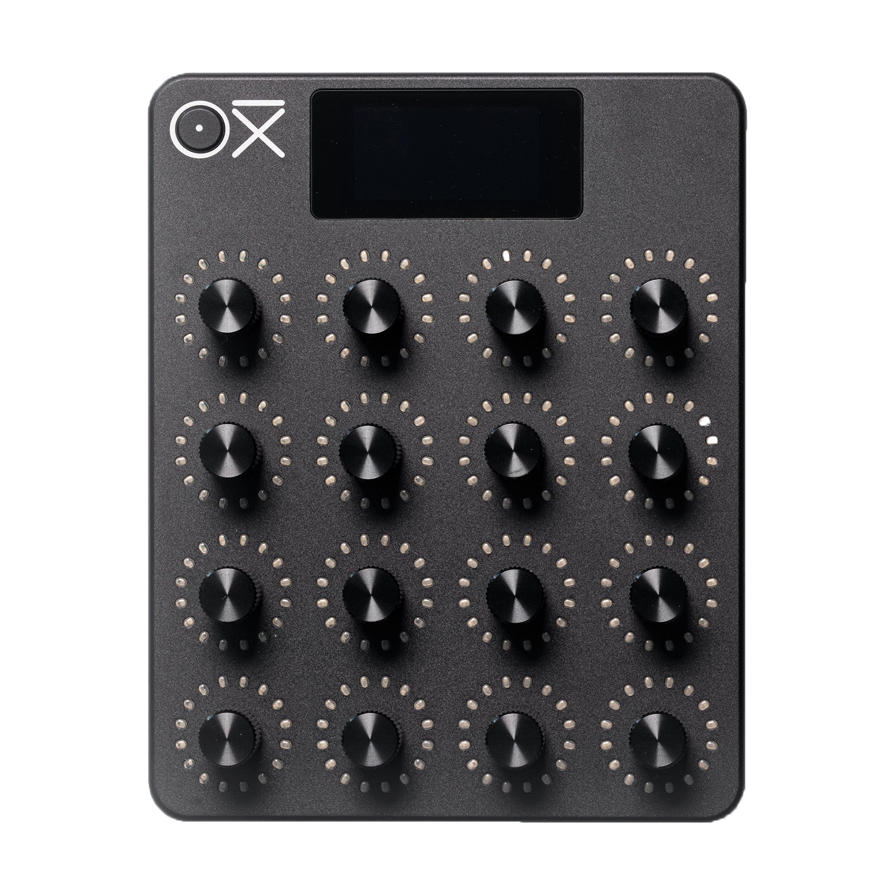 Black control device with 16 rotary knobs arranged in a 4x4 grid and a small display screen.