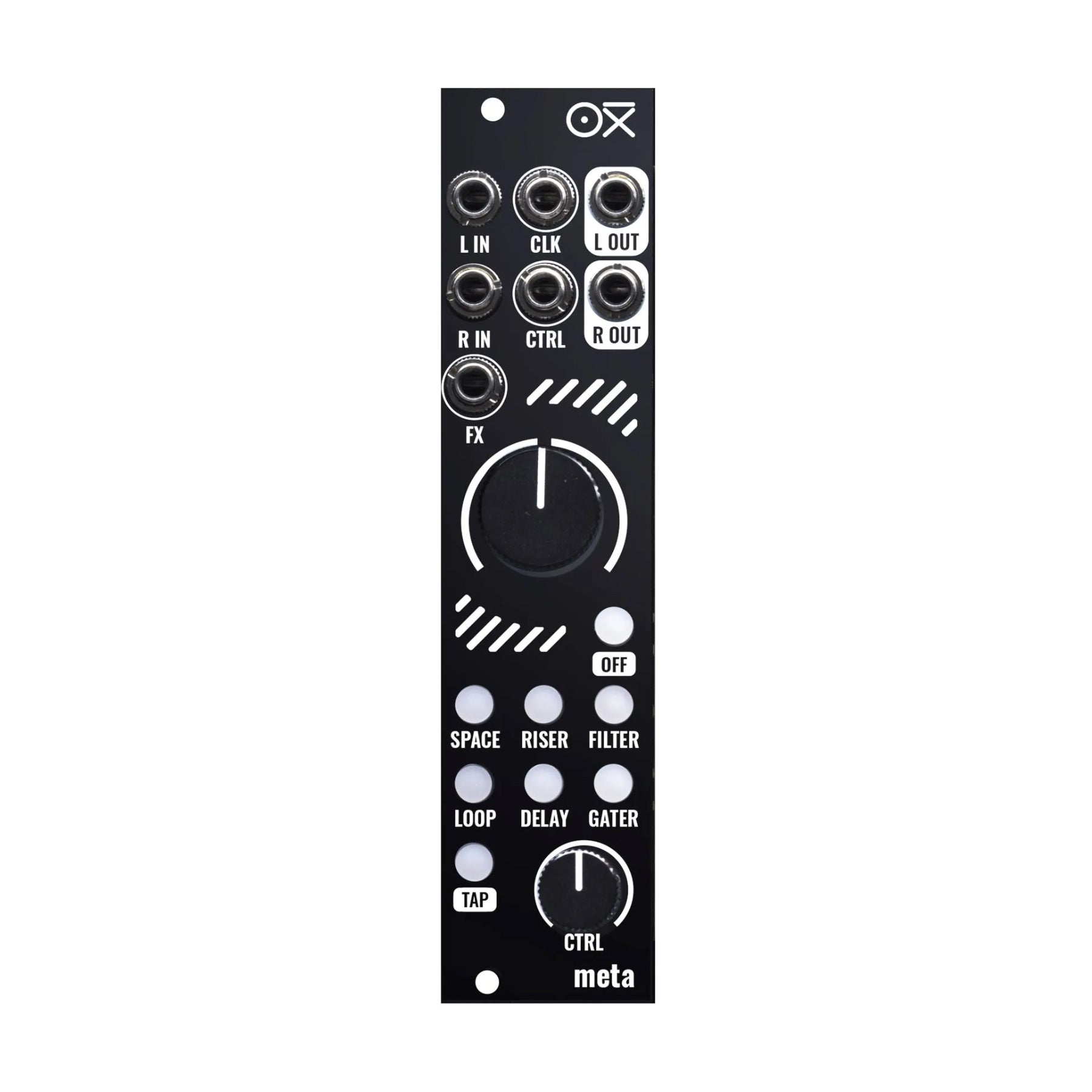 Black Eurorack module with multiple jacks, two knobs, and several labeled buttons and LED indicators.