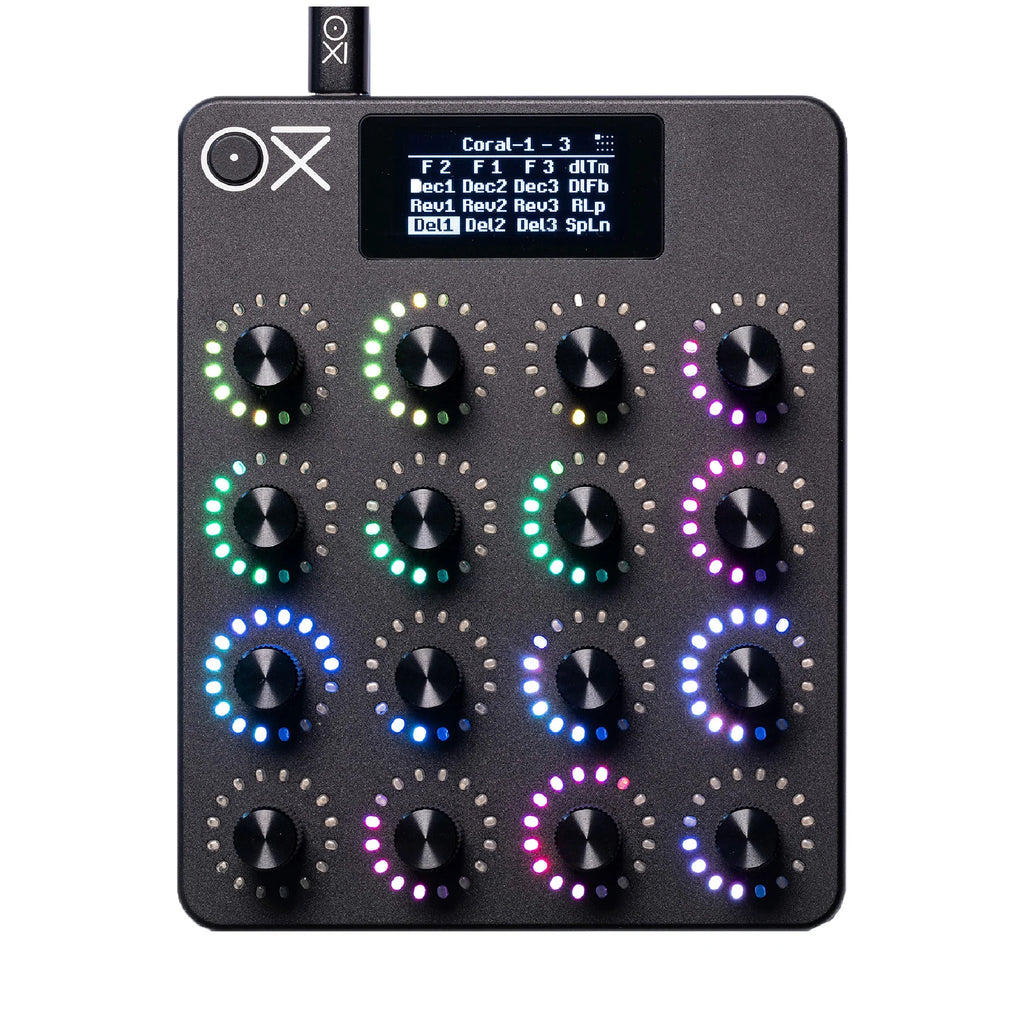 Black MIDI controller with 16 illuminated rotary knobs and a small display showing parameter labels.