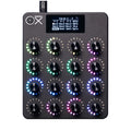 Black MIDI controller with 16 illuminated rotary knobs and a small display showing parameter labels.