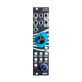 Front view of a black eurorack module with multiple input/output jacks, buttons, and two rotary knobs.